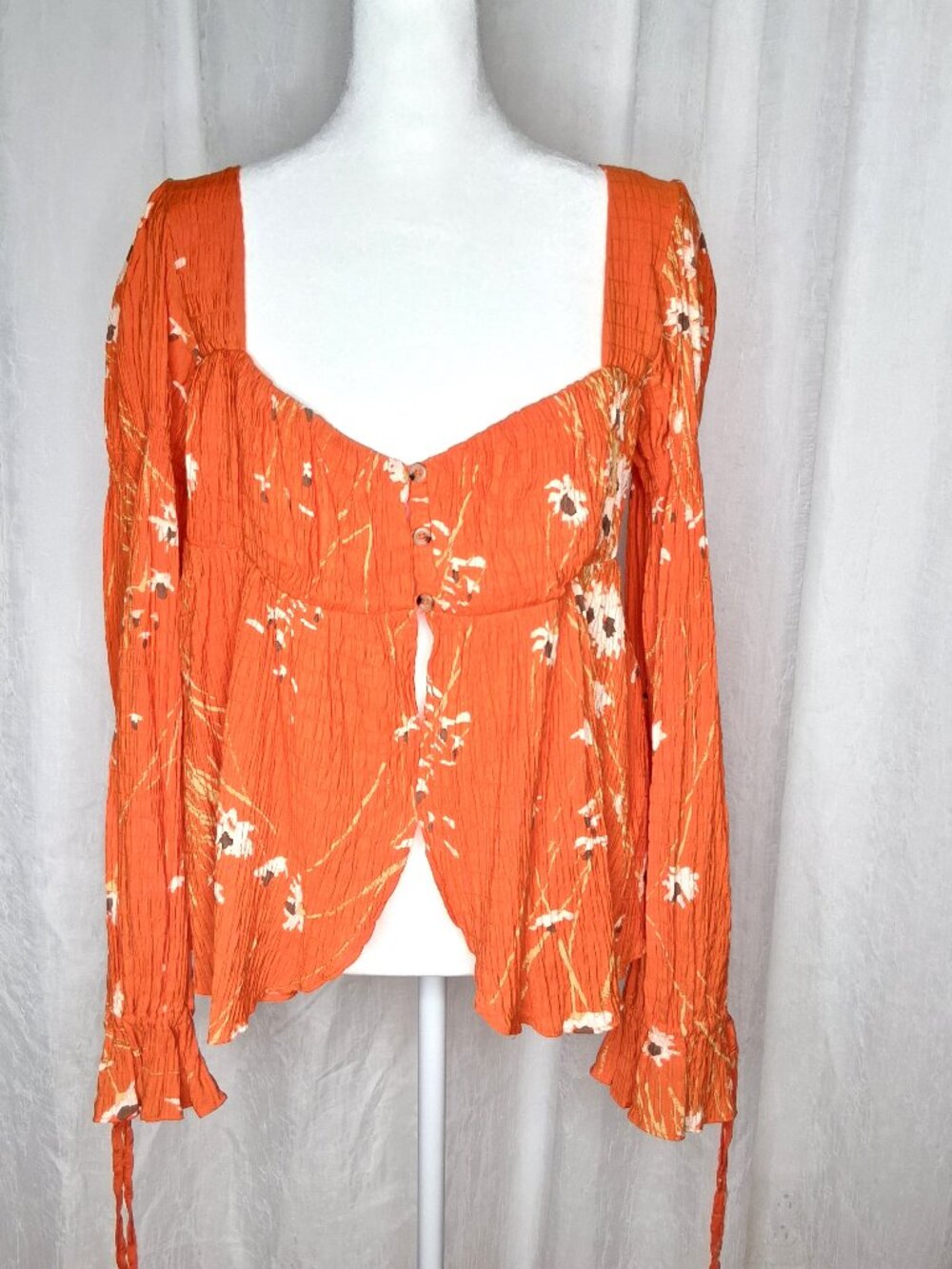 Urban Outfitters Allie Orange Crinkle Babydoll Tie Sleeve Top